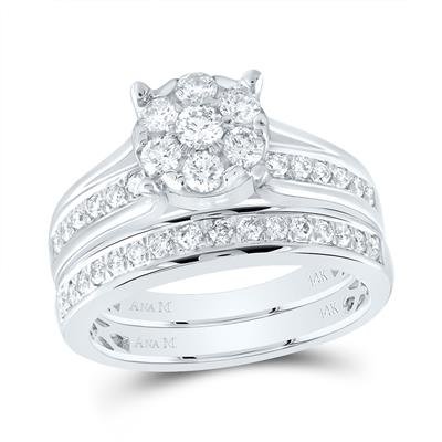 1 Cttw Round Diamond Cluster Bridal Wedding Ring Sets – 14k White & Yellow Gold