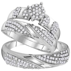 White Gold Round Diamond Cluster Matching Wedding Ring Set