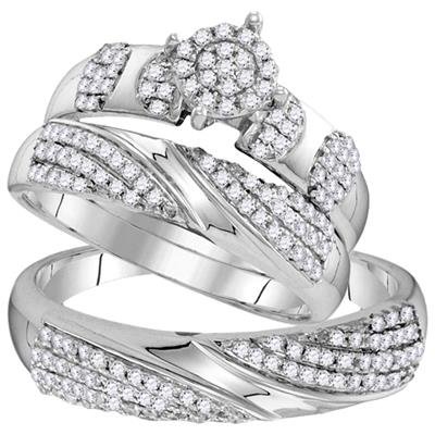 White Gold Round Diamond Cluster Matching Wedding Ring Set