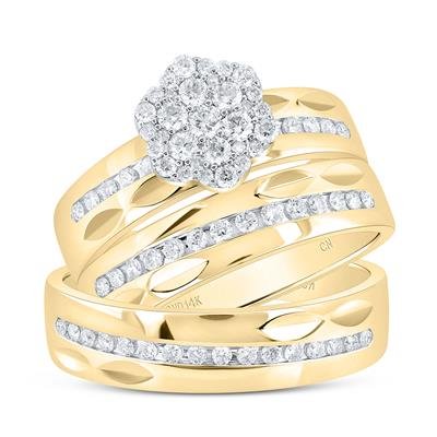 Yellow & White Gold Round Diamond Cluster Matching Wedding Ring Set – 3/4 Cttw