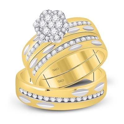 Yellow & White Gold Round Diamond Cluster Matching Wedding Ring Set – 3/4 Cttw