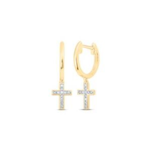 10k Yellow Gold Round Diamond Cross Dangle Nicoles Dream Collection Earrings 1/20 Cttw