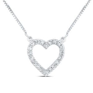 10k White Gold Round Diamond Heart Necklace 1/12 Cttw