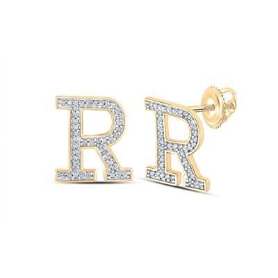 10k White Gold Round Diamond R Initial Letter Earrings 1/6 Cttw