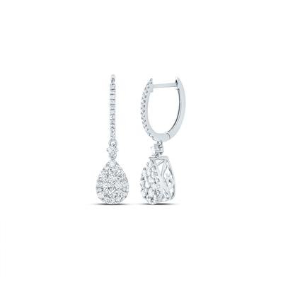 14k White Gold Round Diamond Hoop Teardrop Dangle Earrings 1 Cttw