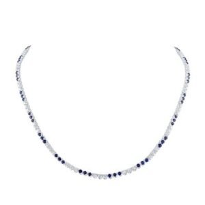 14k White Gold Round Blue Sapphire Diamond 18-inch Tennis Necklace 8-3/8 Cttw