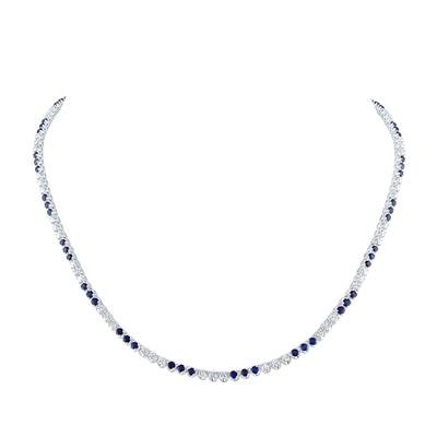14k White Gold Round Blue Sapphire Diamond 18-inch Tennis Necklace 8-3/8 Cttw